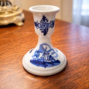 Vintage Delft Blue Candle Holder Windmill Hand Painted Holland Ceramic Decor